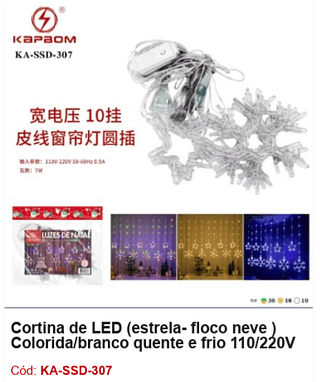 Cortina de LED (estrela- floco neve ) Colorida/branco quente e frio 110/220V R$ 22,5 PCS/CX: 50