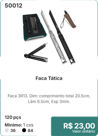 Faca Tática 120 pçs R$ 23,00