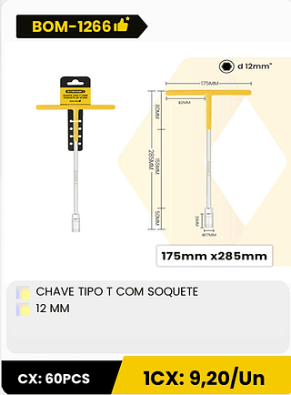 CHAVE TIPO T COM SOQUETE 12 MM CX: 60PCS ICX: 9,20/Un