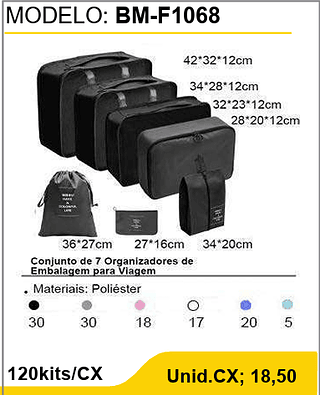 Conjunto de 7 Organizadores de Embalagem para Viagem 120kits/CX Unid.CX; 18,50