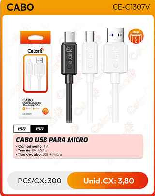 CABO USB PARA MICRO PCS/CX: 300 Unid.CX: 3,80