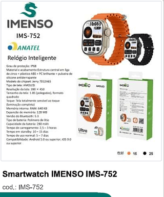 Smartwatch IMENSO R$ 72 PC/CX 40