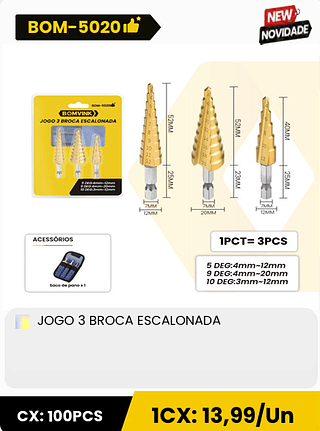 JOGO 3 BROCA ESCALONADA CX: 100PCS 1CX: 13,99/Un