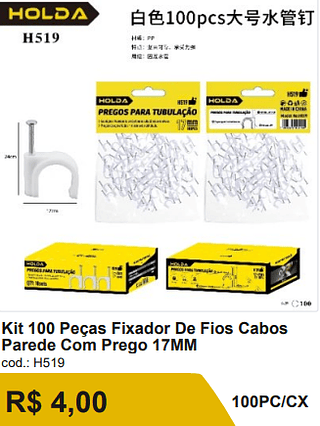 Kit 100 Pecas Fixador De Fios CabosParede Com Prego 17MM R$ 4,00-10%=3.60/ 100PC/CX