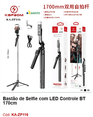 Bastão de Selfie com LED Controle BT 170cm R$ 38,7 PCS/CX:40