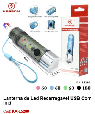 Lanterna de Led Recarregavel USB Com Imã R$ 7,2 PCS/cx: 360