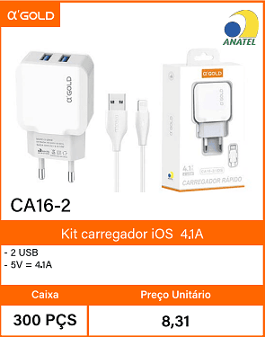 Kit carregador iOS4.1A Caixa 300 PCS Preco Unitario 8,31