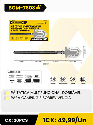 PÁ TÁTICA MULTIFUNCIONAL DOBRÁVEL PARA CAMPING E SOBREVIVÊNCIA CX: 20PCS ICX: 49,99/Un
