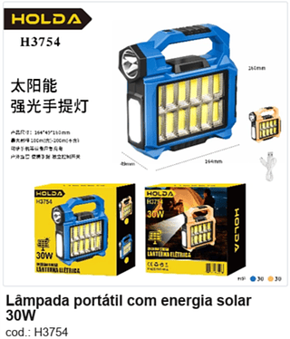 Lâmpada portátil com energia solar 30W R$ 26,1 PC/CX:60