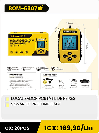 LOCALIZADOR PORTÁTIL DE PEIXES SONAR DE PROFUNDIDADE CX: 20PCS 1CX: 169,90/Un
