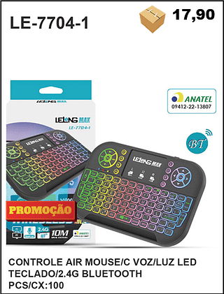 CONTROLE AIR MOUSE/C VOZ/LUZ LED TECLADO/2.4G BLUETOOTH 100PÇ=17,9$