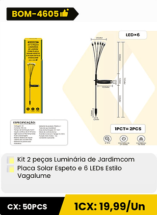Kit 2 peças Luminária de Jardimcom Placa Solar Espeto e 6 LEDs Estilo Vagalume CX: 50PCS 1CX: 19,99/Un