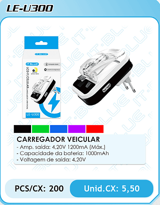 CARREGADOR VEICULAR - Amp. saída: 4,20V 1200mA (Máx.) - Capacidade da bateria: 1000mAh - Voltagem de saída: 4,20V PCS/CX: 200 Unid.CX: 5,50