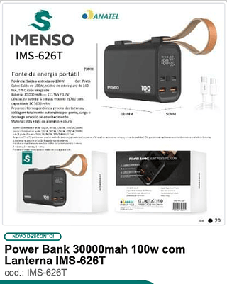 Power Bank 30000mah 100w com Lanterna R$125 PC/CX 20