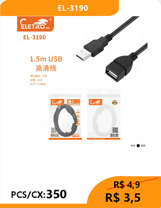 CABO USB MACHO E FEMEA PCS/CX:350 R$3,5