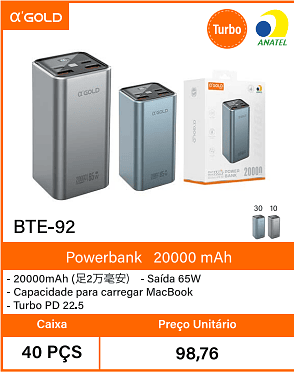 Powerbank20000 mAh Caixa Preco Unitario 40 PCS 98,76