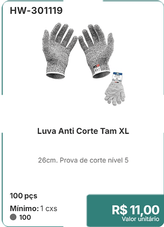 Luva Anti Corte Tam XL 100 pçs R$ 11.00