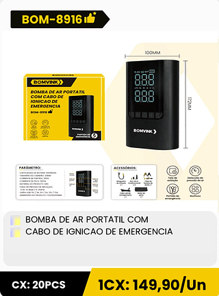 BOMBA DE AR PORTATIL COM CABO DE IGNICAO DE EMERGENCIA CX: 20PCS 1CX: 149,90/Un