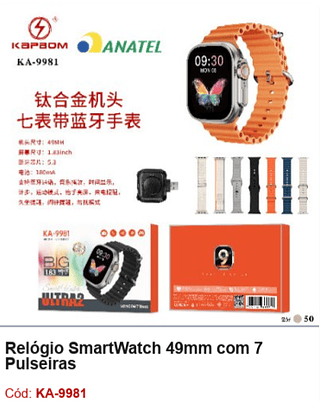 Relógio SmartWatch 49mm com 7 Pulseiras R$56,7 PCS/CX:50