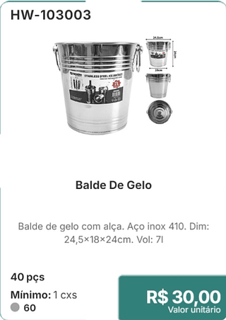 Balde De Gelo 40 pçs R$ 30,00