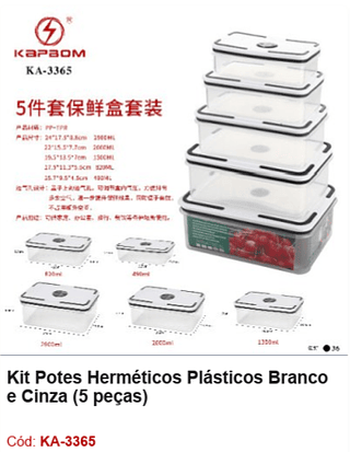 Kit Potes Herméticos Plásticos Branco e Cinza (5 peças) R$ 29,7 PCS/Cx: 36