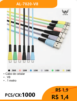 Cabo de celular V8 PCS/CX:1000 R$ 1,4