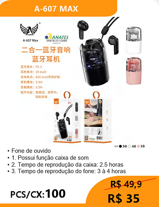 FONE BLUETOOTH COM CAIXA DE SOM PCS/CX:100 R$35