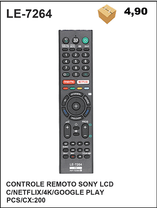 CONTROLE REMOTO SONY LCD C/NETFLIX/4K/GOOGLE PLAY 200PÇ=4,9$