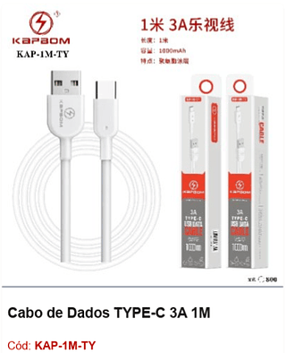 Cabo de Dados TYPE-C 3A 1M R$ 2,25 PCS/Cx:800