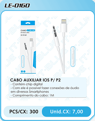 CABO AUXILIAR IOS P/ P2 - Contém chip digital - Com ele é possível fazer conexões de áudio em diversos Smartphones - Comprimento do cabo: 1M PCS/CX: 300 Unid.CX: 7,00