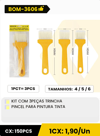 KIT COM 3PEÇAS TRINCHA PINCEL PARA PINTURA TINTA CX: 150PCS 1CX: 1,90/Un