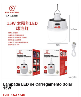 Lâmpada LED de Carregamento Solar 15W R$ 19,8 PCS/CX: 72