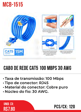 CABO DE REDE CAT5 100 MBPS 30 AWG 120pç=7,8$