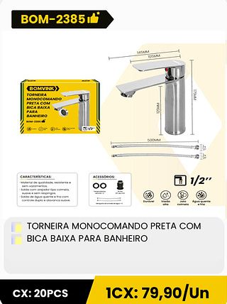 TORNEIRA MONOCOMANDO PRETA COM BICA BAIXA PARA BANHEIRO CX: 20PCS 1CX: 79,90/Un