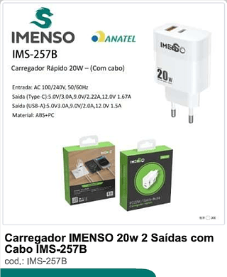 Carregador IMENSO 20w 2 Saídas com Cabo 200PC/CX R$ 12,6