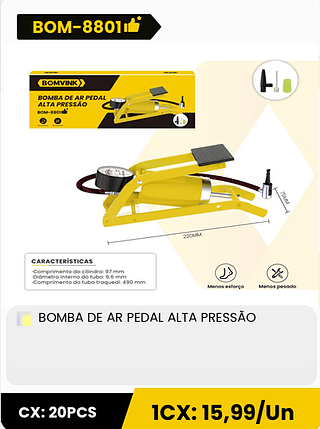 BOMBA DE AR PEDAL ALTA PRESSÃO CX: 20PCS 1CX: 15,99/Un