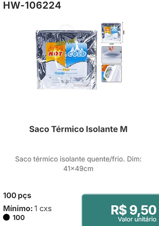 Saco Térmico Isolante M 100 pçs R$ 9,50