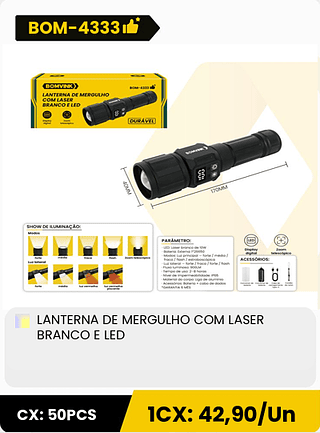 LANTERNA DE MERGULHO COM LASER BRANCO E LED CX: 50PCS 1CX: 42,90/Un