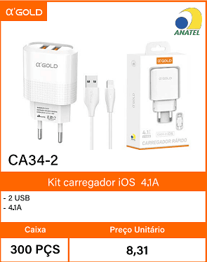 Kit carregador i0S 4.1A Caixa 300 PCS Preco Unitario 8,31
