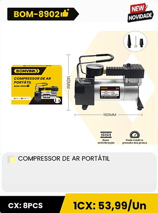 COMPRESSOR DE AR PORTÁTIL CX: 8PCS ICX: 53,99/Un