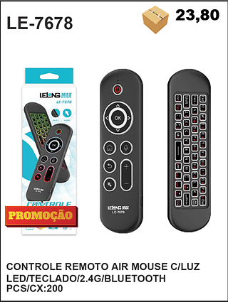 CONTROLE REMOTO AIR MOUSE C/LUZ LED/TECLADO/2.4G/BLUETOOTH 200PÇ=23,8$
