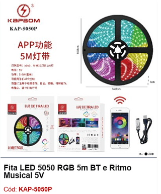 Fita LED 5050 RGB 5m BT e Ritmo Musical 5V R$ 16,65 PCS/CX: 200