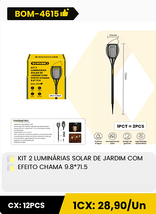 KIT 2 LUMINARIAS SOLAR DE JARDIM COM EFEITO CHAMA 9.8*71.5 CX: 12PCS 1CX: 28,90/Un