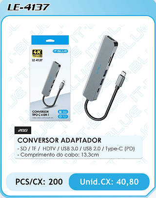 CONVERSOR ADAPTADOR - SD / TF / HDTV / USB 3.0 / USB 2.0 / Type-C (PD) - Comprimento do cabo: 13,3cm PCS/CX: 200 Unid.CX: 40,80