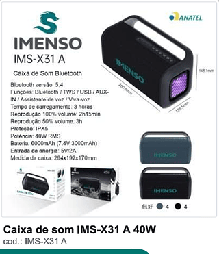 Caixa de som 40W R$153 PC/CX 8