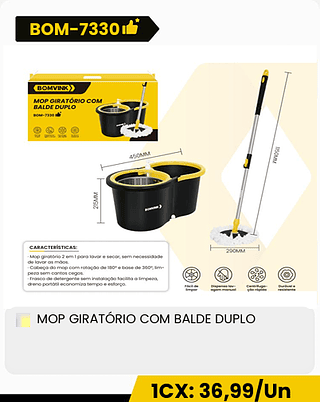 MOP GIRATORIO COM BALDE DUPLO CX: 16PCS 1CX: 36,99/Un