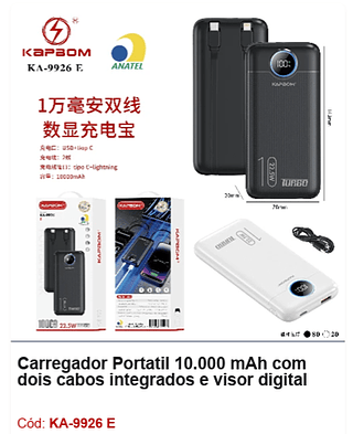 Carregador Portatil 10.000 mAh com dois cabos integrados e visor digital 100PÇS R$31,5