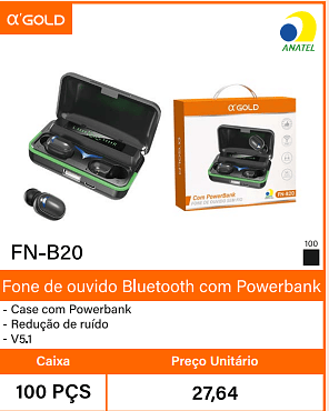 Fone de ouvido Bluetooth com Powerbank Caixa 100 PCS Preco Unitario 27,64