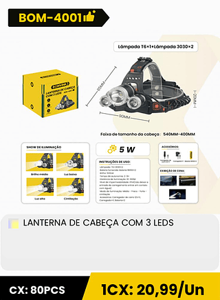 LANTERNA DE CABEÇA COM 3 LEDS CX: 80PCS ICX: 20,99/Un