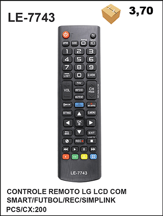 CONTROLE REMOTO LG LCD COM SMART/FUTBOL/REC/SIMPLINK 200PÇ=3,7$